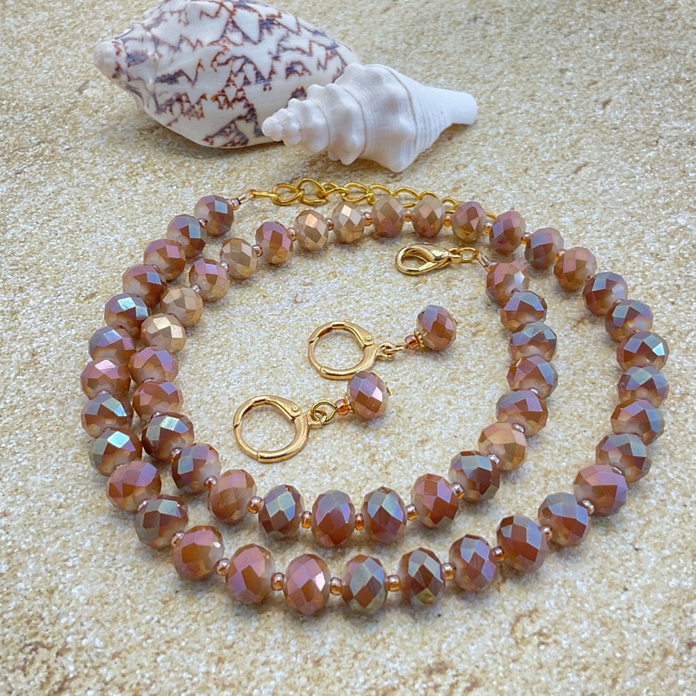 Mocha Mousse Golden Aura Beaded Necklace and Earring Set, Aura Effect, Handmade - Picture 9 of 9